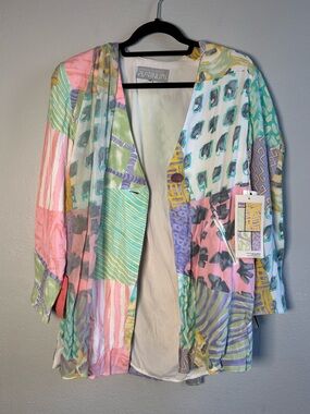 NWT VINTAGE 90s Platinum Women’s Pastel Patchwork Mondrian Top scarf detail